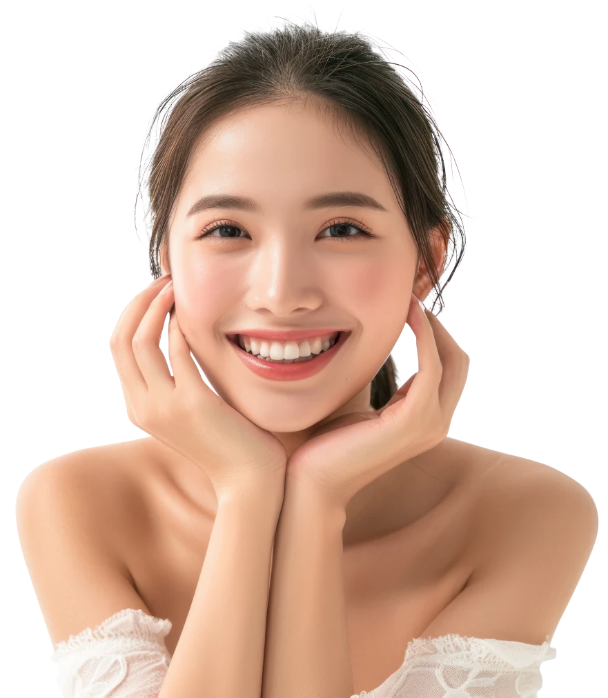 Smiling woman with clear, glowing skin resting her face in her hands