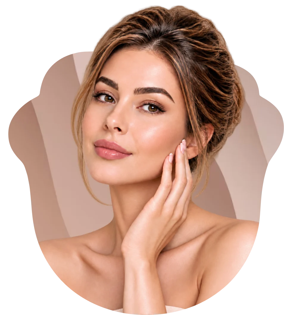 Woman with natural-looking facial enhancement touching her cheek